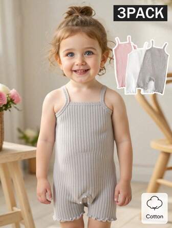 Vintaside Kids 3 件套女婴夏季纯色服装，吊带连体衣，灰色、白色和粉色可选，简约风格，无图案，宽松版型，适合居家、休闲、运动和派对