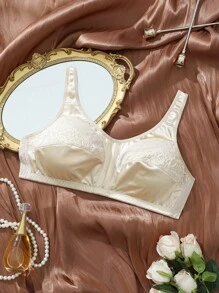 SHEIN 1pc Sexy, Elegant, Romantic French Lace & Glitter Fabric Splicing Comfortable Adjustable Strap Plus Size Women Bra - Apricot - View 7