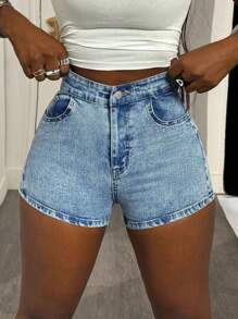 Slaydiva 女士休闲高腰牛仔短裤，带口袋和腰带设计，百搭