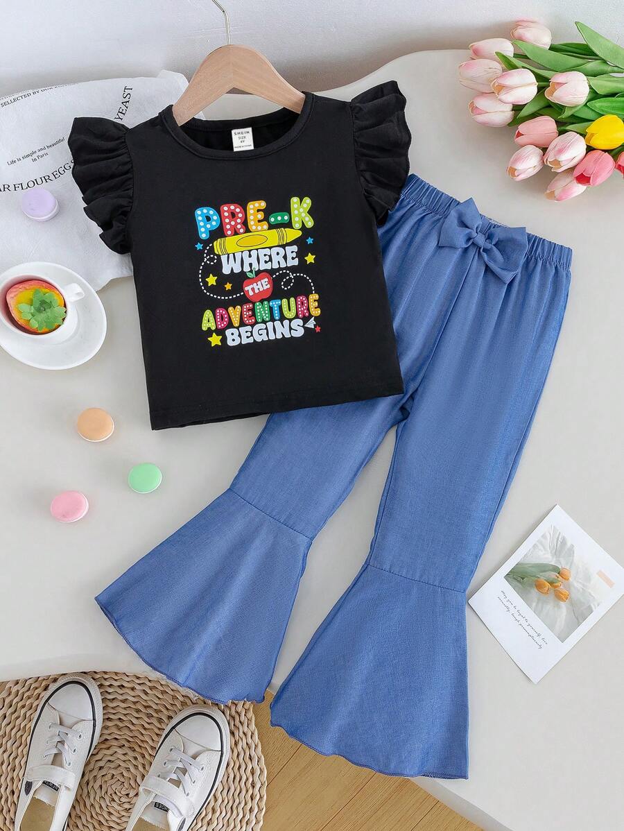 2pcs/Set Young Girls Back-To-School Career Day English Crayon Print Cap Sleeve T-Shirt And Flared Jean-Like Pants,Summer Comfortable Casual Outfit - Multicolor - View 1
