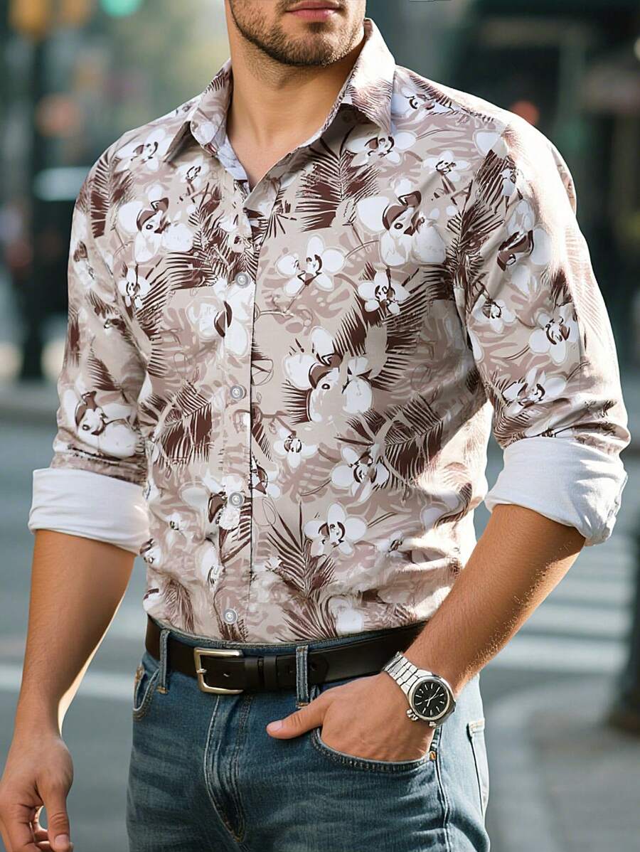 Manfinity Homme Men's Casual Fashion All Over Print Button Down Long Sleeve Shirt - Khaki - View 1