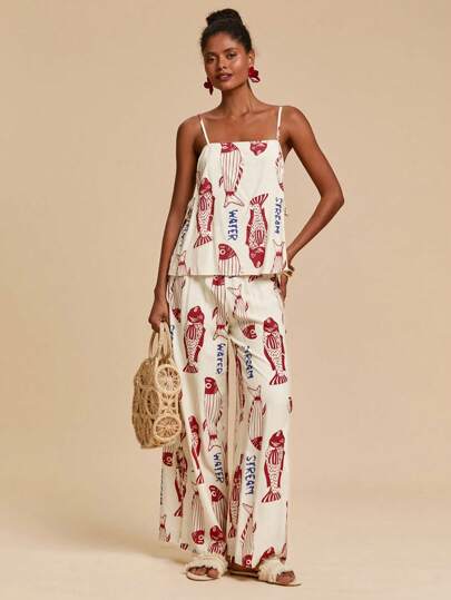 Travachic 2 Peças Conjunto de Regata e Calça Estampada de Peixe Feminino, Looks de Férias para Mulheres, Looks de Praia, Looks de Verão para Mulheres, Conjunto de Duas Peças para Férias