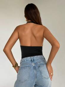 Aloruh Women's Simple Solid Color Sleeveless Knit Halter Neck Tank Top, Casual Daily Wear - Black - View 2