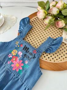 SHEIN LMoss Kids 年轻女孩的花朵图案蓝色牛仔花卉荷叶边连体裤