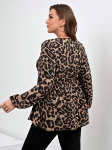 Reflora Plus Size Simplistic Elegant Leopard Print Tie Waist Long Sleeve Shirt, Suitable For Elegant Everyday Wear - Coffee Brown - View 2