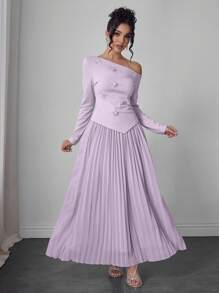Modelyn 2 件套女士春夏斜肩串珠花朵装饰褶边雪纺裙 - 淡紫色 - 查看 4