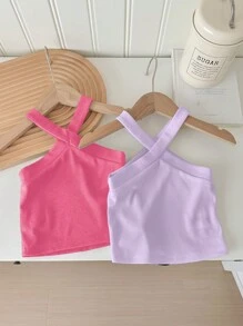 SHEIN 2pcs/Pack Young Girl Cold-Shoulder Ribbed Form-Fitting Camisole, Multi-Pack Basic Tank Tops - Mauve Purple - View 2