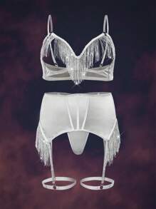 AltCore Set de lencería de 4 piezas en plata con anillos de acero, pecho hueco, control del abdomen, curvas sexys, borlas, brillo, incluye sujetador, tanga, cinturilla, liguero, lencería sexy talla grande para festivales de música y fiestas