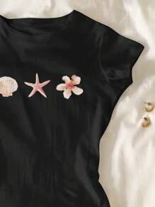 SHEIN Tween Girl Starfish Print Round Neck Short Sleeve Cropped T-Shirt, Summer - Black - View 4