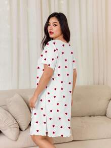 SHEIN 休闲扇贝边柔软舒适心形印花睡袍，适合居家和休闲穿着 - 白色 - 查看 2