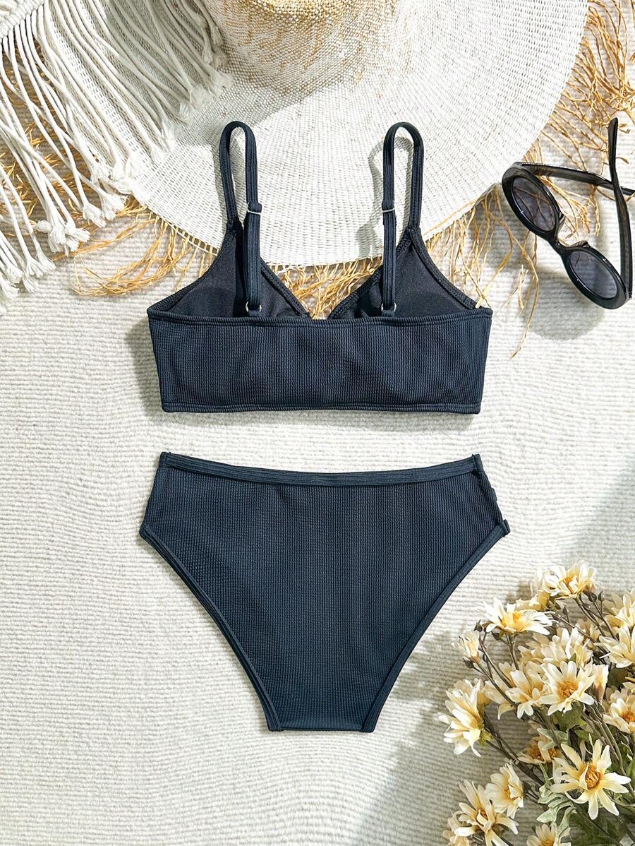 Tween Girls' Heart & Hoop Detail Bikini Sets,Black Summer Casual Beach Holiday Tween Girls Bathing Suits Swim Suits Set - Black - View 1