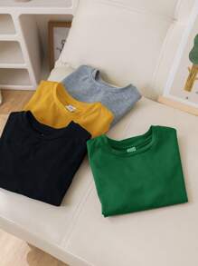 SHEIN 4 stuks/set voor jonge jongens, casual, veelzijdige zachte katoenen effen T-shirts met ronde hals en korte mouwen, multipack