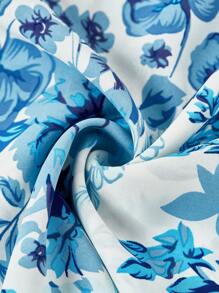 Ellevyn 女式 V 领短袖收腰花卉印花蕾丝边 A 字中长连衣裙，优雅适合日常穿着、度假穿着、春夏季 - 藍白色 - 查看 7