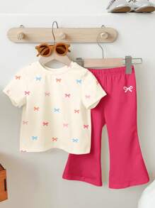 女婴休闲简约短袖圆领上衣和裤子套装，适合春夏季 - 彩色 - 查看 1