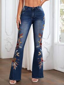 SHEIN Floral Embroidery Flare Leg Jeans - Dark Wash - View 3