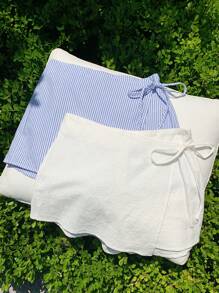 Comfortcana Bộ 2 món/Bộ quần sọc nơ vải lanh mùa hè cho nữ và quần short quấn dây rút màu trắng thích hợp cho kỳ nghỉ ở bãi biển - Xanh và trắng - Xem 3