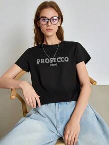 INAWLY Women Cotton Letter Rhinestone Decor Round Neck Short Sleeve Casual T-Shirt, Summer - Black - View 3