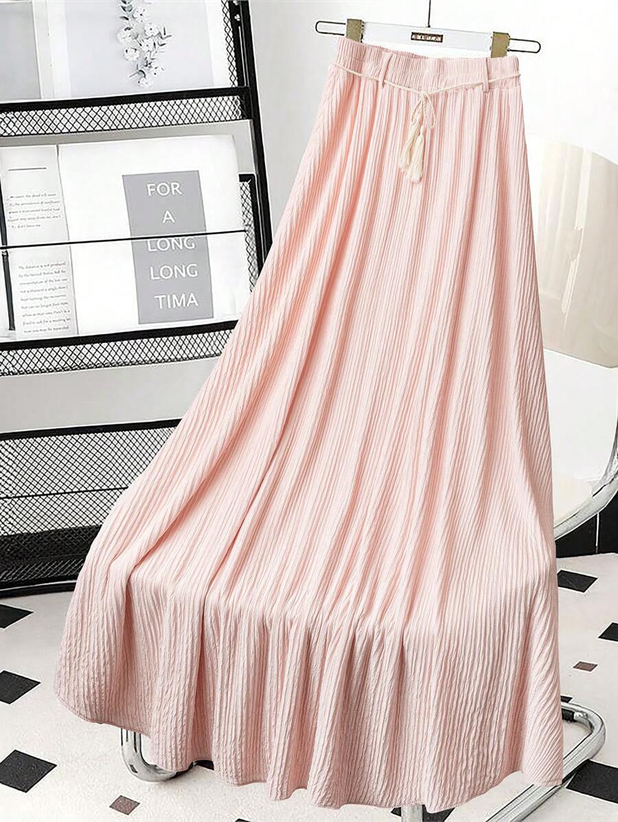 SHEIN Clasi 大码女式纯色松紧腰休闲长款百褶裙 - 粉色 - 查看 1