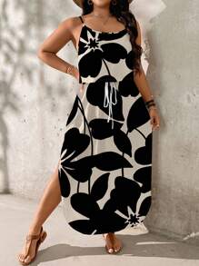 SHEIN LUNE Plus Size Minimalist Floral Silhouette Print Dress, Suitable For Summer,Sun Dresses For Women - Apricot - View 4