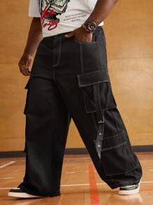 EASEVO 大码男士休闲宽松口袋撞色线长款黑色工装裤，外出时尚纯色长款宽松裤，适合老公、男朋友的礼物 - 黑色 - 查看 1