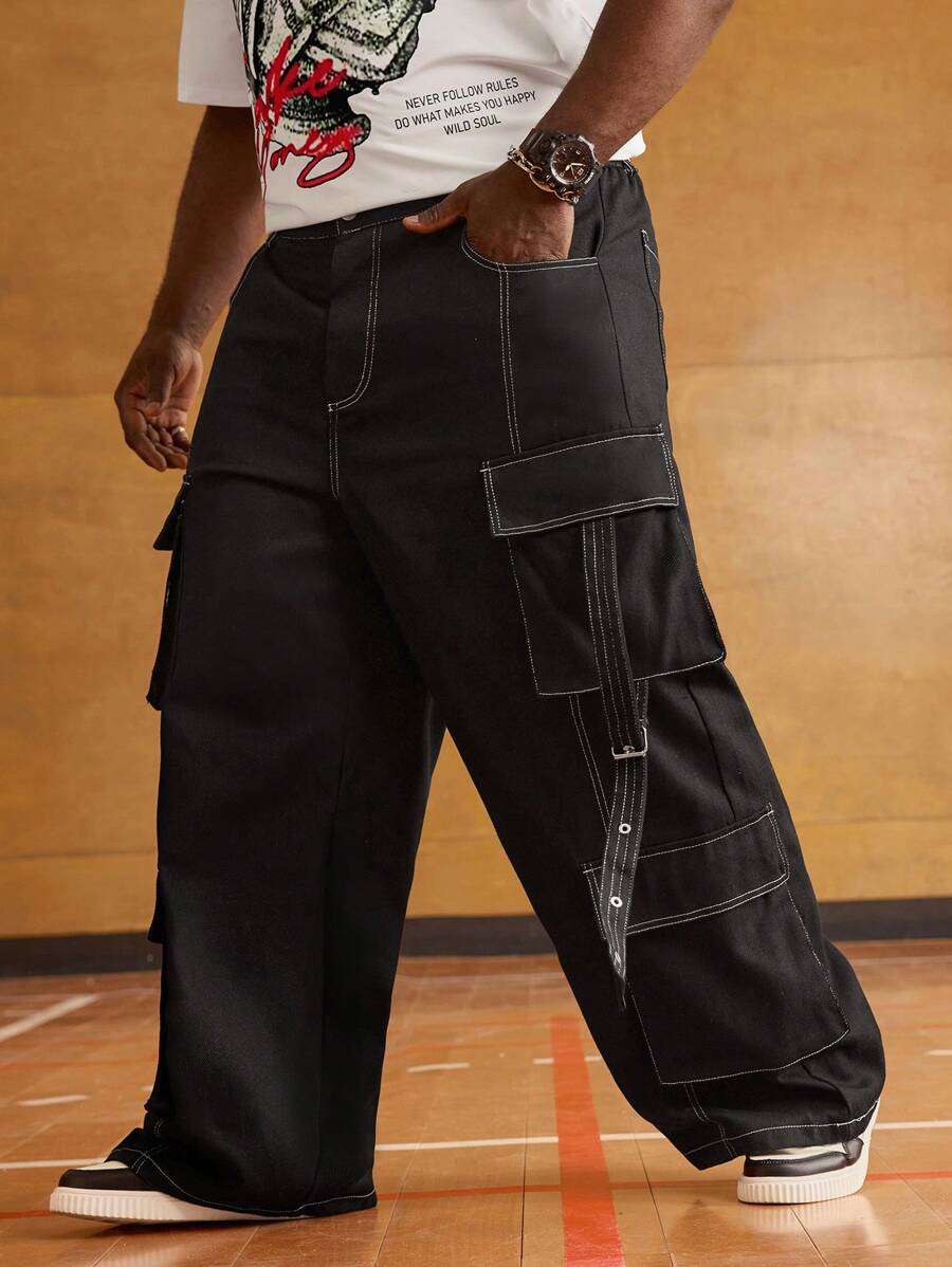 EASEVO 大码男士休闲宽松口袋撞色线长款黑色工装裤，外出时尚纯色长款宽松裤，适合老公、男朋友的礼物 - 黑色 - 查看 1