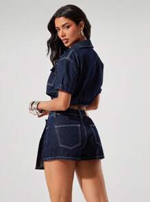 Denimoi Solid Wash Contrast Stitch Denim Skort - Dark Wash - View 6