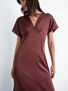 Maija Women Simple Solid V-Neck Short Sleeve Long Dress Brown Dress Women Satin Midi Dress Brown Midi Dress,Modest Dresses For Women,Fall Women Clothes
