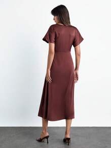 Maija Women Simple Solid V-Neck Short Sleeve Long Dress Brown Dress Women Satin Midi Dress Brown Midi Dress,Modest Dresses For Women,Fall Women Clothes