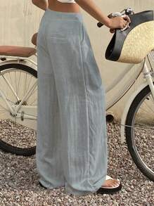 DAZY 女式宽松口袋裤，休闲度假装，秋季 - 藍色 - 查看 2