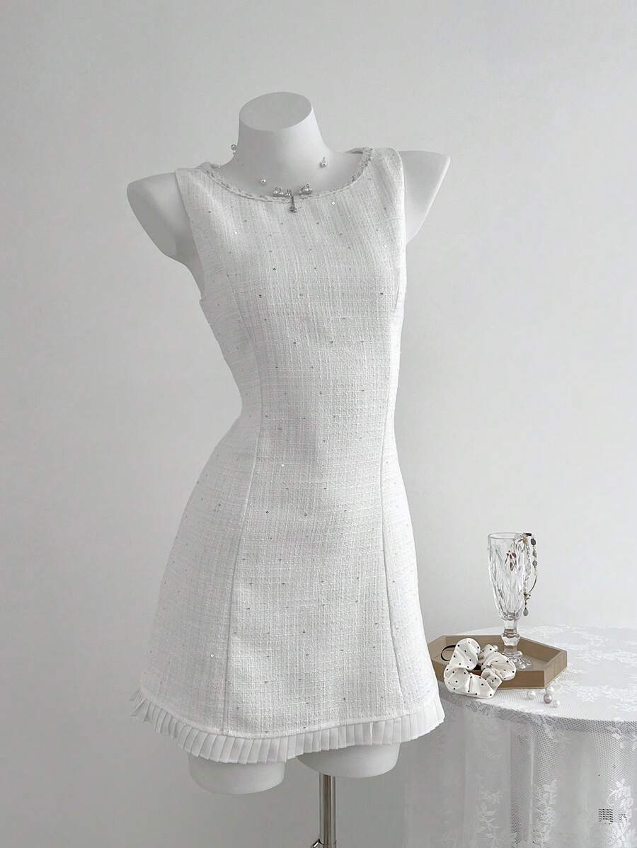 Women's Sleeveless Sequin Decor Pleated Hem Elegant Dress, Summer - White - View 1