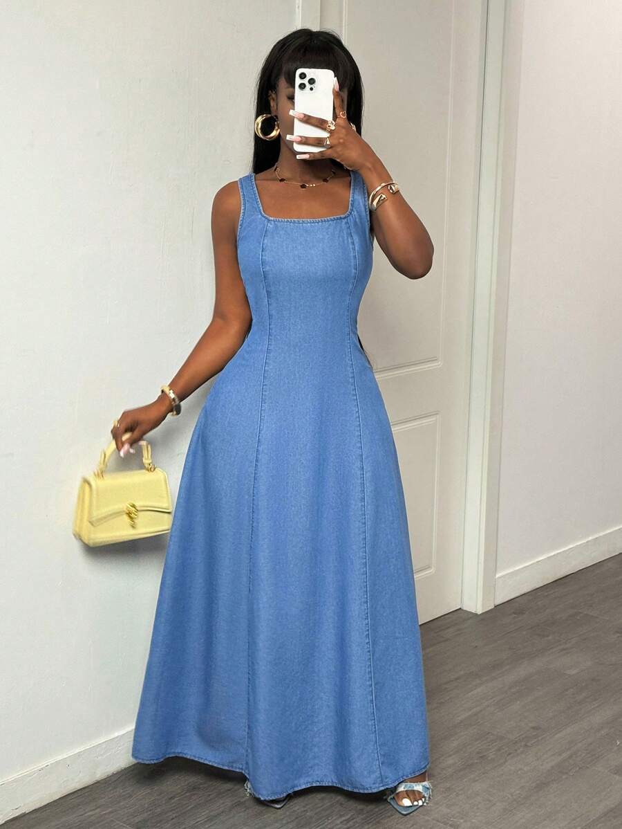Slaydiva 女式方领无袖休闲加长牛仔连衣裙，夏季 - 中等水洗藍 - 查看 1