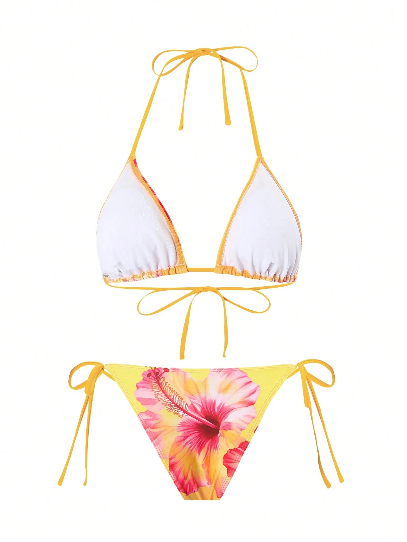 Swim Oasis 3 Peças Conjunto de Maiô Bikini Estilo Casual de Praia de Verão para Mulheres com Estampa Floral 3D e Vestido de Malha Torcida para Praia, Maiô Estilo Boêmio - Amarelo - Visão 4