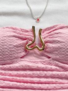 Soleia Women's Vacation White Knitted Texture Strapless Crop Top With Hollow Out Heart Metal Buckle Decor, Fitted Silhouette, Suitable For Party, Date, Afternoon Tea, Beach, Music Festival, Carnival Pink