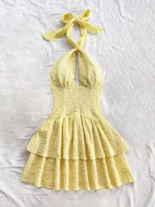 Soleia 女式度假亮黄色纹理面料心形镂空圆领收腰 A 字迷你连衣裙，带有层叠荷叶边下摆，适合派对、约会、下午茶 - 黃色 - 查看 4