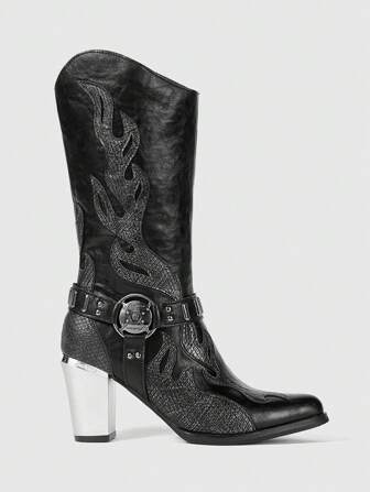 Grunge Punk Women's Western Style Embroidered Pointed Toe Mid-Calf Boots