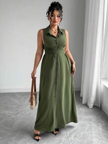 Elenzga Plus Size Women's Spring/Summer French Style Sophisticated Elegant Minimalist High-End Commuting Office Casual Vacation Afternoon Tea Solid Color Shirt Collar Open Front Button Closure Waist Crossed Tie 2 In 1 Sleeveless Shirt Dress Mid-Length Maxi Dress