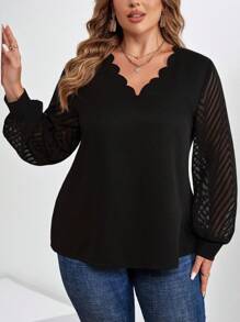 SHEIN Clasi 大码女式黑色花卉领口和袖口嵌件半透明衬衫，秋冬款 - 黑色 - 查看 3