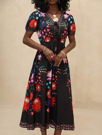 Vesra 女式花卉印花休闲束腰中长连衣裙