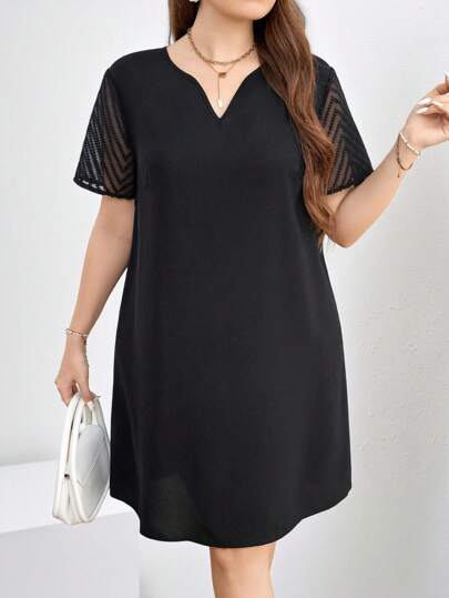 SHEIN Clasi Plus Size Women Summer Notched V-Neck Mesh Short Sleeve Trapeze Loose Dress