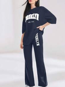 Mulvari 2pcs/Set Women Letter Print Round Neck Tee And Flared Pants, Casual Women's Summer Slogan Print Dropped Shoulder T-Shirt And Casual Pants 2pcs/Set, Casual Outfits Tracksuit 2 Pieces Lounge Set, Suitable For Walking/Sports/Back To School & Everyday Casual Wear Contains Cotton, Quick Sweat Absorption - Navy Blue - View 8