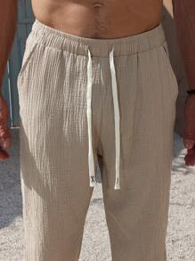 VENTUSAIL Pantalon décontracté 3/4 pour hommes à taille avec cordon de serrage, couleur unie, vacances - Kaki - Voir 5