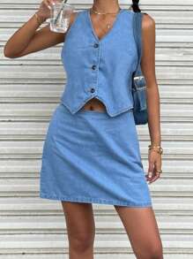 SHEIN Teen Girl Casual Vacation Single-Breasted Vest And Denim Skirt Two-Piece Set, Spring/Summer