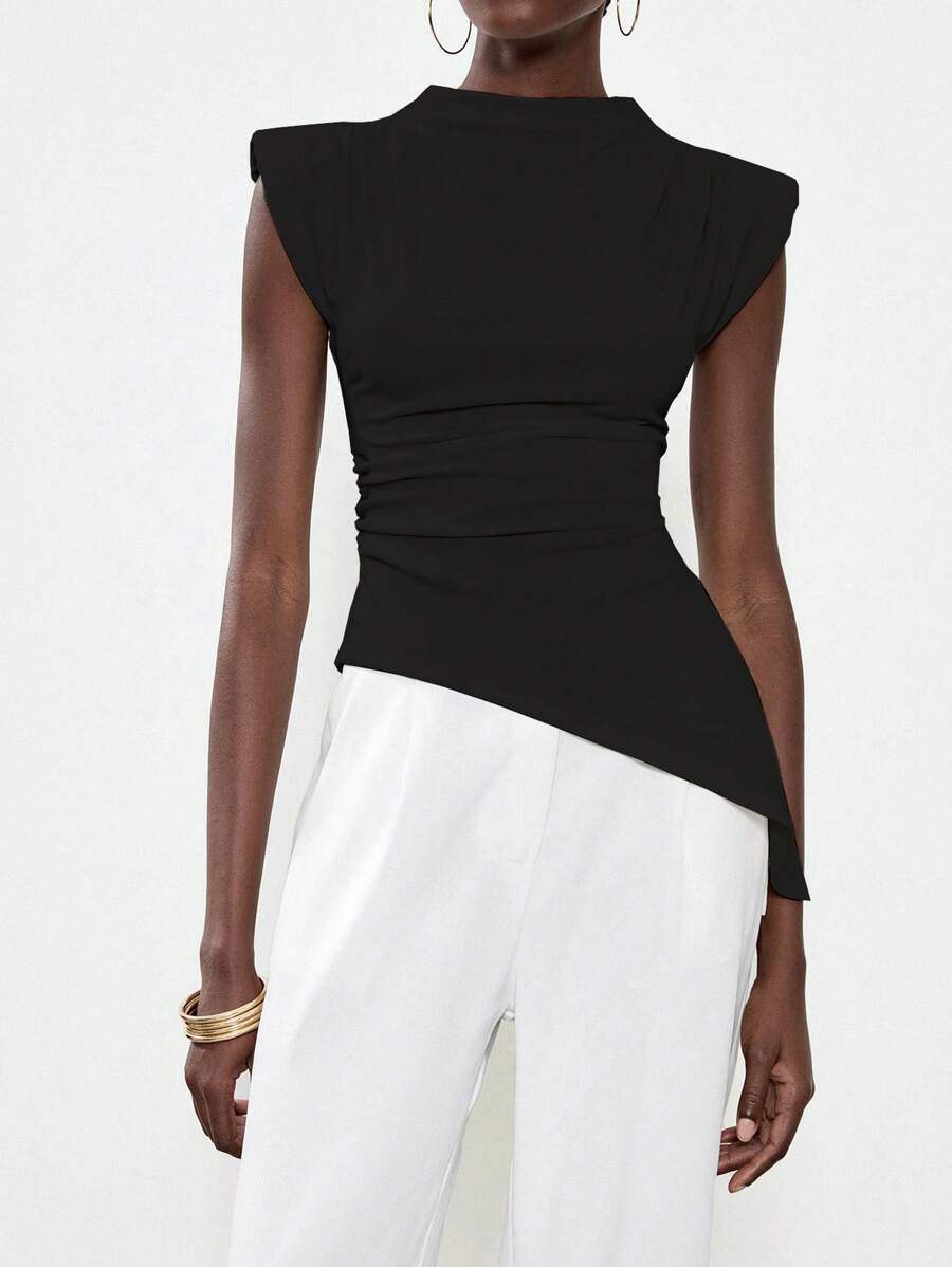 Lumivelle Women's Simple Asymmetrical Hem Top With Zipper Sleeve Cuff, Minimalist T-Shirt, Suitable For Daily Wear