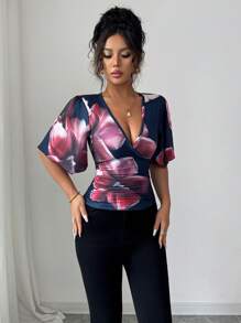 Roylia Women's Floral Print Fitted Sexy Elegant Knit T-Shirt