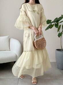 FRIFUL 女式长裙，带荷叶边下摆和亮片，圆领百褶飘逸裙，度假和沙滩装