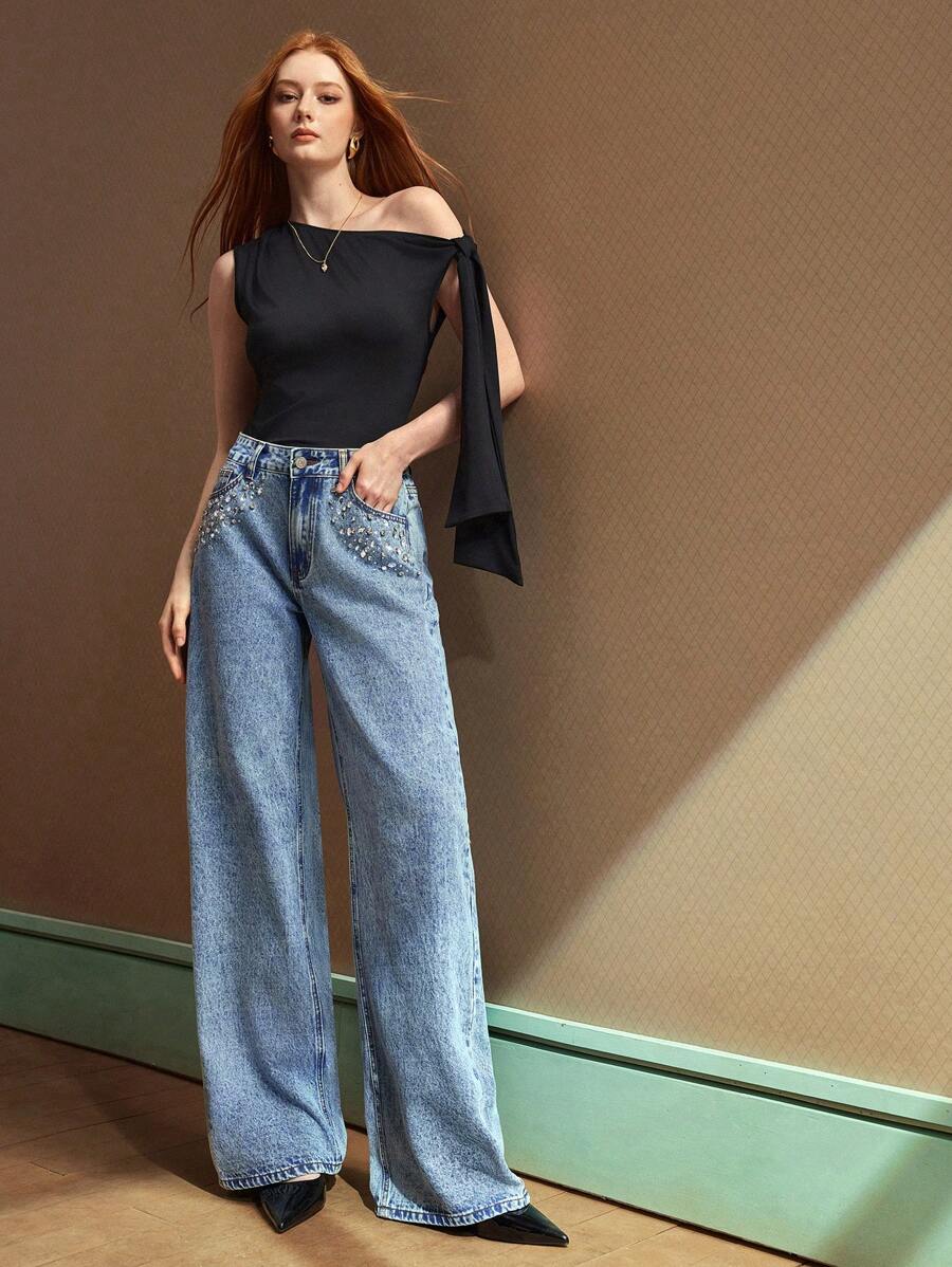 SHEIN BAE Low-Rise Distressed Embellished Rhinestone Washed Straight Leg Jeans - Medium Wash - View 1