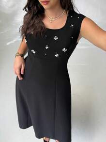 Firerie Đầm midi cổ vuông đính ngọc trai đen mới cho nữ cỡ lớn, dáng ôm vừa vặn, dáng suông, cổ điển thanh lịch cho mùa xuân hè, thích hợp đi làm, thanh lịch, lãng mạn, hẹn hò, hòa nhạc, đám cưới, ngày của mẹ, tiệc tốt nghiệp - màu đen - Xem 1