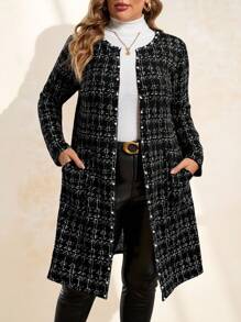SHEIN Clasi Plus Size Women's Winter Jacket, Faux Boucle Pattern, Front Open, Long Sleeve, With Pearl Buttons And Pockets Fall Autumn Faux Tweed Print