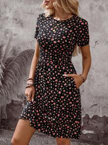 EMERY ROSE 女士夏季圆领花卉印花A字短款优雅连衣裙女式夏季连衣裙度假装女式乡村音乐会装女式休闲连衣裙 - 彩色 - 查看 5