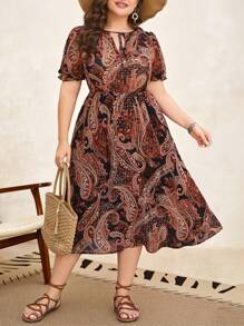 SHEIN Clasi Plus Paisley Print Tie Neck Puff Sleeve Dress, Summer,Beach Dress Sundress,Holiday Outfits Boho,Western Wear Women - Multicolor - View 4
